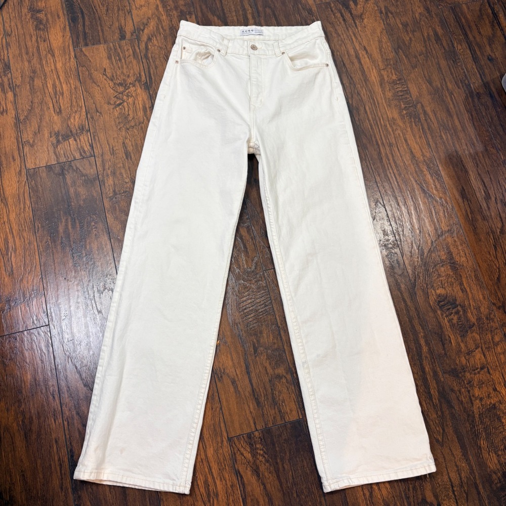 Primark Denim Co Wide Leg Jeans Womens 10 Off White High Rise Cotton Blend